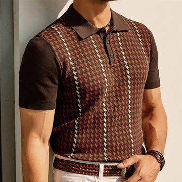 Men's Short-Sleeve Fine Knit Polo Tee - Point Collar Two-Button Placket Houndstooth Jacquard Panel Casual Style