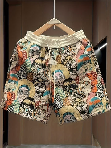 Men's Graphic Print Shorts - All-Over Comic Print - Drawstring