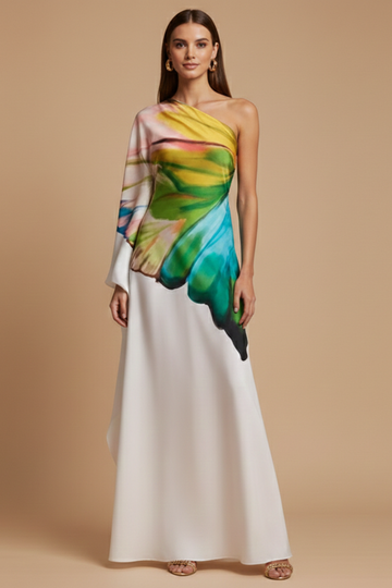 Women's Butterfly Print One-Shoulder Single Long Sleeve Asymmetric Maxi Dress for Evening Occasions