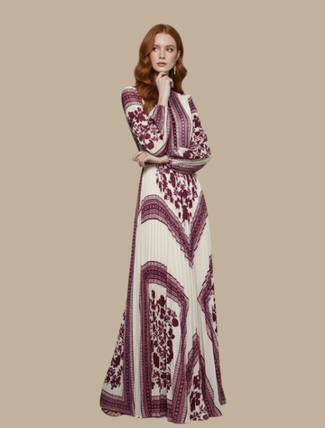 Women’s Pleated Maxi Evening Dress – High Neck Long Sleeve Formal Gown