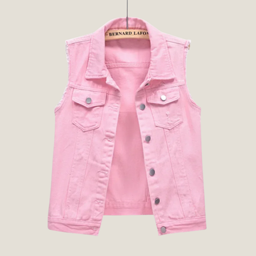 Women's Distressed Denim Waistcoat - Cropped Sleeveless Point Collar Vest with Button-Front