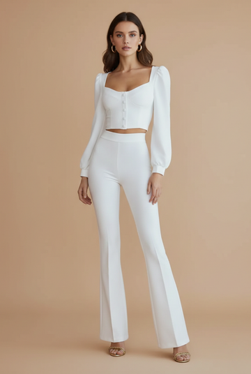 Women's Two Piece Set - Puff Sleeve Cropped Button-Front Top and High-Waist Flared Trousers - Going Out Style