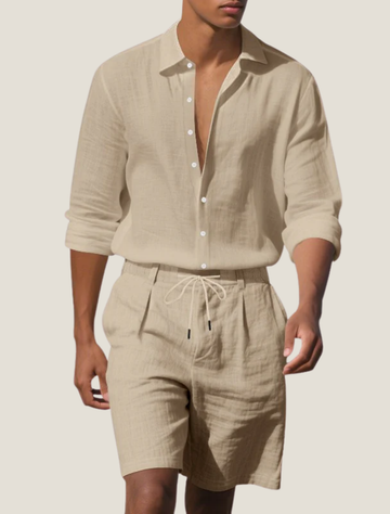 Men’s Linen Beach Two Piece Set with Long Sleeve Button Shirt and Drawstring Shorts