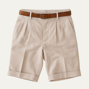 Men's Chino Shorts - Double Pleat - Leather Belt - Turnup Cuff