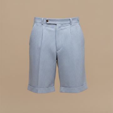 Men's Blue Pleated Chino Shorts - High-Waist Striped Seersucker - Single Pleat Turn-Up Hem - Smart Casual Summer Style