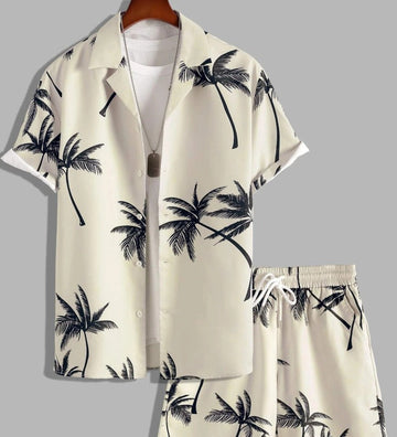 Men’s Palm Print Short Sleeve Shirt and Drawstring Shorts Two Piece Summer Set