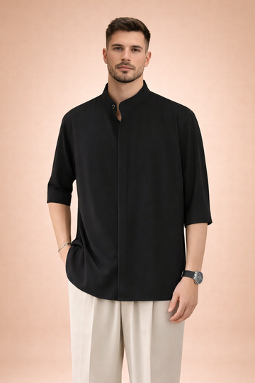 Men's Half Sleeve Stand-Up Collar Button-Front Shirt