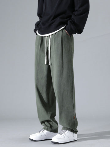 Men's Wide Leg Trousers - Drawstring Waist - Side Pockets - Full Length