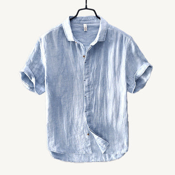 Men's Linen Short-Sleeve Shirt - Relaxed Collar and Curved Hem