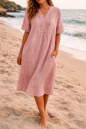Women's Linen Midi Dress - V Neck - Short Sleeve - Side Pockets