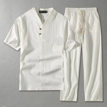 Men's Linen Blend V-Neck Short Sleeve Top and Straight Leg Drawstring Trousers Two Piece Set
