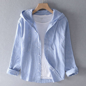 Men's Long-Sleeve Linen Blend Hooded Shirt - Casual Button-Front Shirt with Drawstring Hood and Curved Hem
