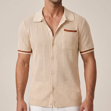 Men's Short-Sleeve Openwork Shirt - Camp Collar Button-Front Contrast Tipped Cuffs and Chest Pocket Casual Summer Style