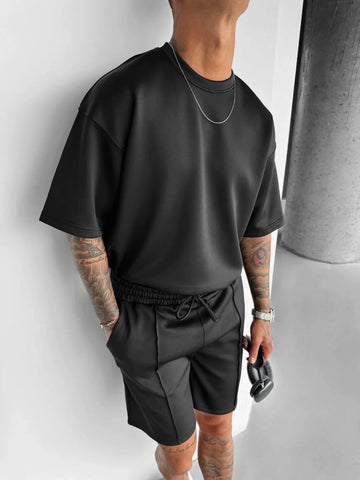 Men's Oversized Lounge Set - Short Sleeve Top - Drawstring Shorts
