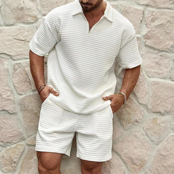 Men's Two Piece Short Set - Waffle Texture Zip-Polo Short Sleeve Top and Elasticated Shorts Casual Summer Style