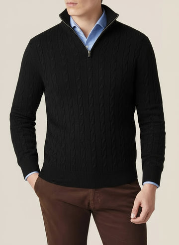 Men’s Cable Knit Half Zip Jumper – Stand Collar, Rib Trim