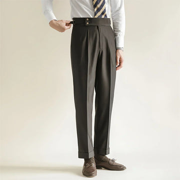 Men’s Formal Tailored Trousers – High-Rise Pleated Front with Cuffed Hem