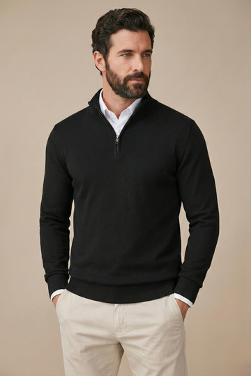 Men’s Half Zip Jumper with Stand Collar and Ribbed Hem