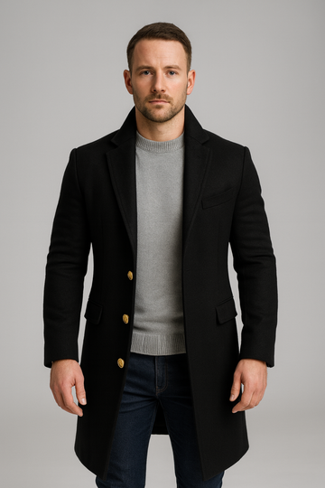 Men’s Long Coat – Black, Single-Breasted, Gold-Button Detail