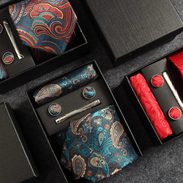 Men’s Paisley Tie Gift Set – Formal Necktie, Pocket Square, Cufflinks & Clip in Box