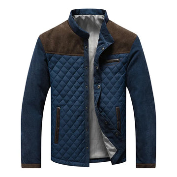 Men’s Quilted Stand Collar Jacket with Contrast Suede Shoulder Panels