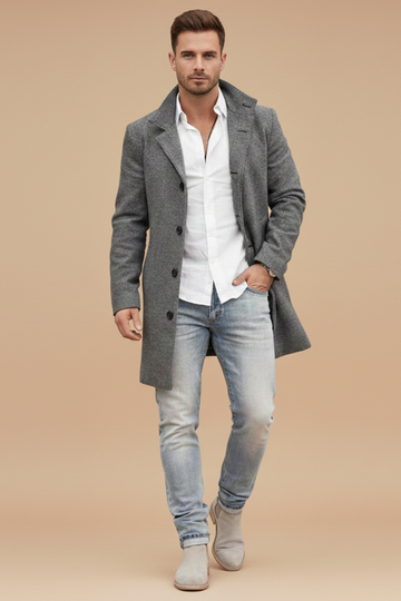 Men’s Single-Breasted Coat – Tailored Longline Jacket for Autumn and Winter Wear