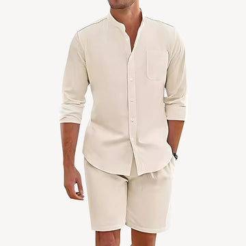 Men’s Two-Piece Summer Set – Button-Up Shirt and Drawstring Shorts – Lightweight – Relaxed Fit