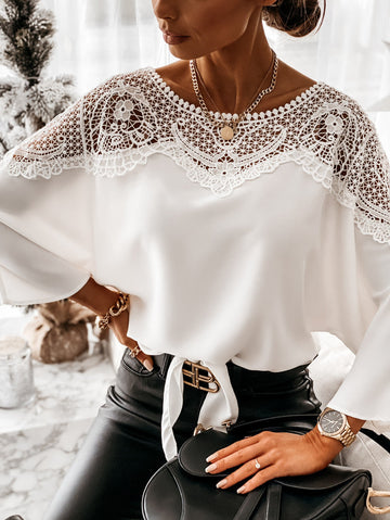 Women's Long Sleeve Lace Yoke Blouse - Round Neck Crochet Panel