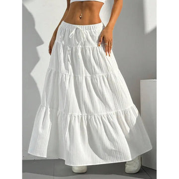 Women's Tiered Maxi Skirt - Drawstring Elastic Waist Ruffled