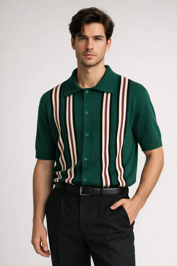 Men's Striped Polo Button-Through
