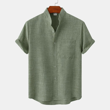 Men's Short-Sleeve Linen Blend Shirt - Band Collar Button-Down Chest Pocket Casual Summer Style