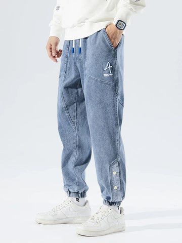 Men's Denim Jogger Jeans - Elasticated Drawstring Waist - Ribbed Cuff - Panelled Seam Detail