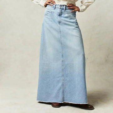 Women's High Waist Straight Denim Maxi Skirt - Raw Hem