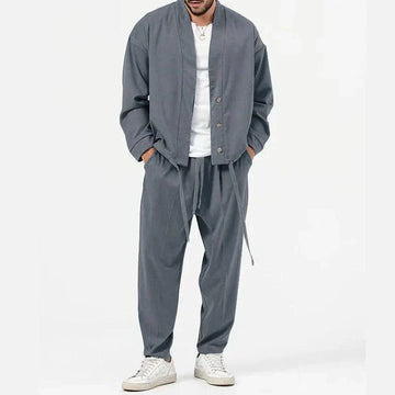 Men’s Two-Piece Set - Button-Front Jacket and Drawstring Trousers