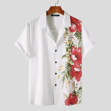 Men’s Short Sleeve Button-Front Shirt with Floral Panel Print and Open Collar