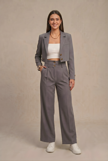Women’s Two-Piece Set - Grey Cropped Blazer and High Waist Wide Leg Trousers