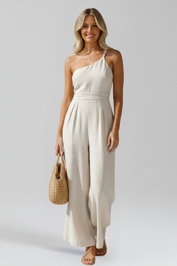 Women's Linen One-Shoulder Jumpsuit Wide Leg