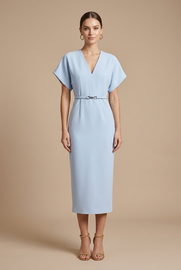 Women's Midi Dress - V-Neck Batwing Sleeve - Belted Pencil Cut