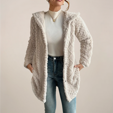 Women’s Cream Hooded Jacquard Plush Coat – Warm All-Season Cardigan Jacket