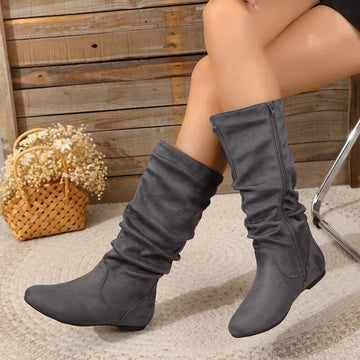 Women’s Mid-Calf Slouch Boots – Flat Sole, Side Zip