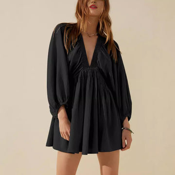 Women’s V-Neck Mini Dress – Long Sleeve – Relaxed Fit