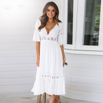Women’s White V-Neck Lace Trim Midi Dress with Flutter Sleeves and Elastic Waist