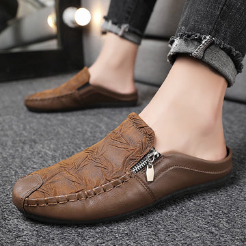 Men's Casual Loafers - Embossed Open Back Mule with Side Zip