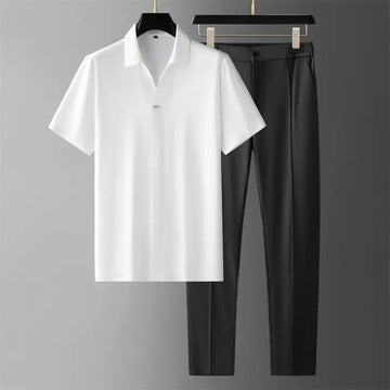 Men's Two-Piece Polo Set - Short Sleeve Top with Matching Trousers