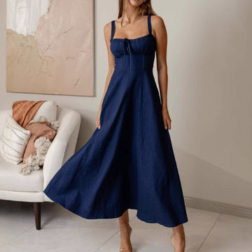 Women's Denim Corset Midi Dress - Square Neck A-Line Tie Front