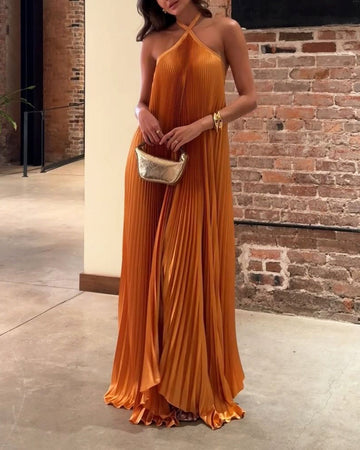 Women’s Open Back Halter Pleated Maxi Dress - Tie Closure