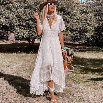 Women's White Lace Maxi Dress - V-Neck Button-Front Boho