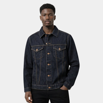 Men’s Black Classic Denim Trucker Jacket with Button Front Closure and Dual Flap Chest Pockets