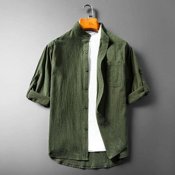 Men's Long-Sleeve Linen Blend Shirt - Band Collar Button-Down Chest Pocket Casual Style