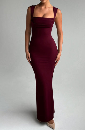 Women's Square Neck Bodycon Maxi Dress - Draped Bodice Detail with Wide Shoulder Straps and Scoop Back